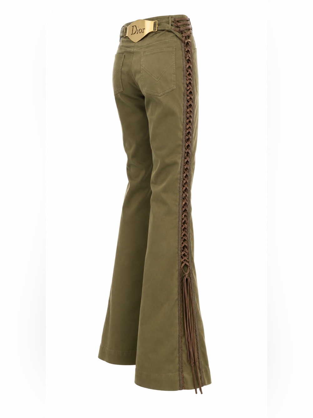 Vintage Christian Dior F/W 2002 Galliano Gold Logo Nameplate Lace Up Flare Pants